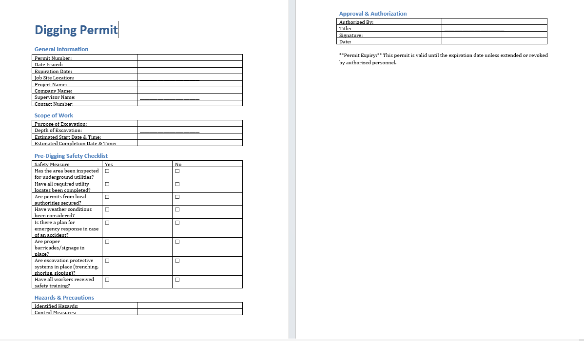 Digging Permit (Word Format Download)
