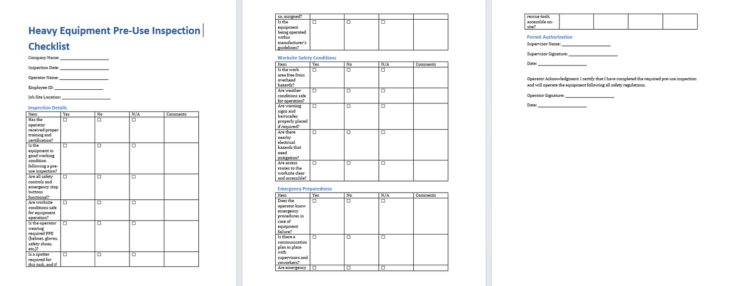 Heavy Equipment Pre-use Inspection Template (Word Format Download)