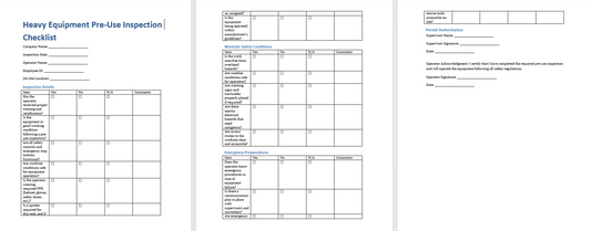 Heavy Equipment Pre-use Inspection Template (Word Format Download)