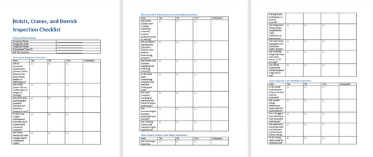 Hoists Cranes Derrick Inspection Checklist (Word Format Download)