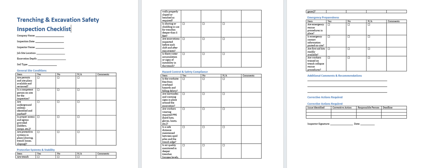 Trenching Excavation Safety Inspection Template (Word Format Download)